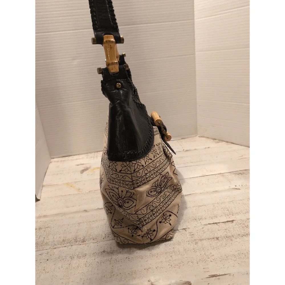 Kate Landry Beige & Black Embroidered Hobo Bag with Bamboo Accents